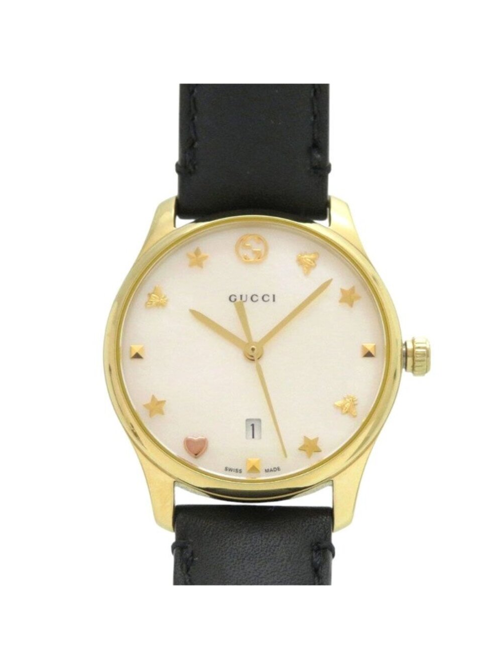 Gucci 126.5 SS Leather White Shell Black Quartz Watch Dial